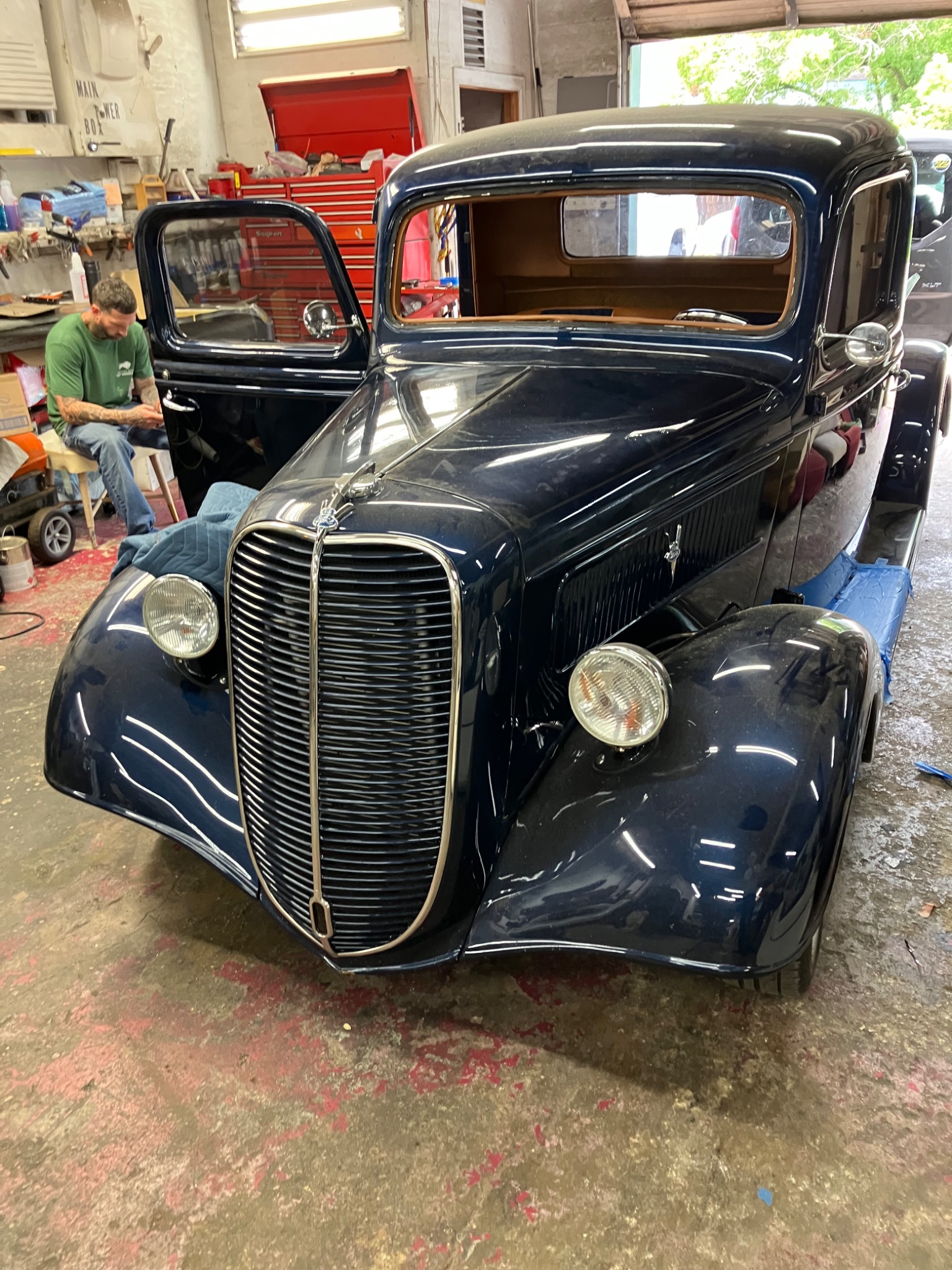 Classic hot rod audio installation in shop